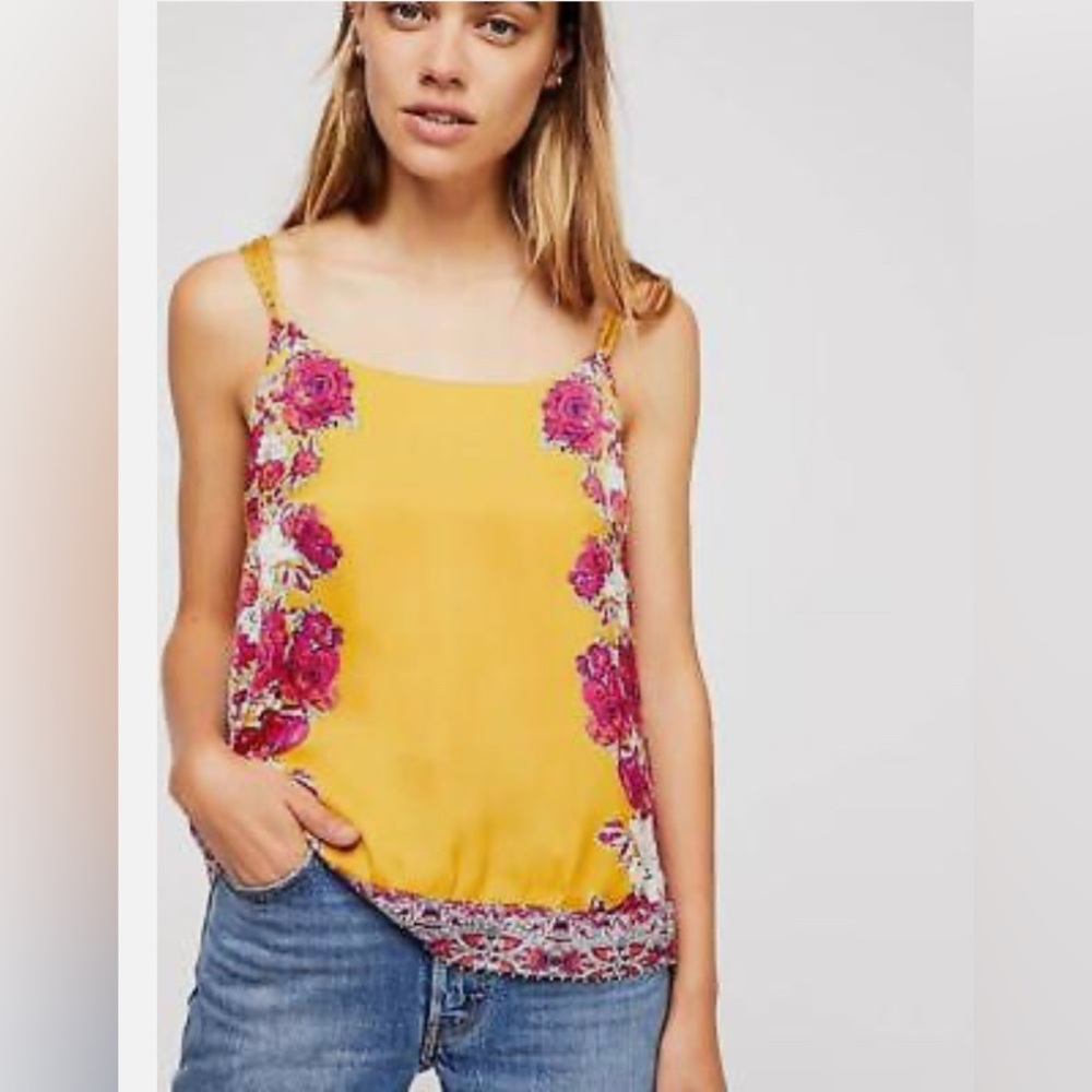 Free People Boho Floral Beaded Tank Top L | Mustard Yellow 70s Hippie Festival